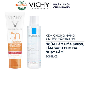 Combo Kem Chống Nắng Vichy Ngừa Lão Hóa SPF50 50ml + Nước Tẩy Trang La Roche Posay Da Nhạy Cảm 50ml