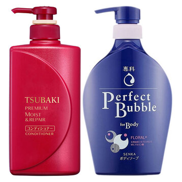 Combo Dầu Xả Tsubaki Dưỡng Bóng Mượt 490ml + Sữa Tắm Senka Hoa Tươi Mát 500ml